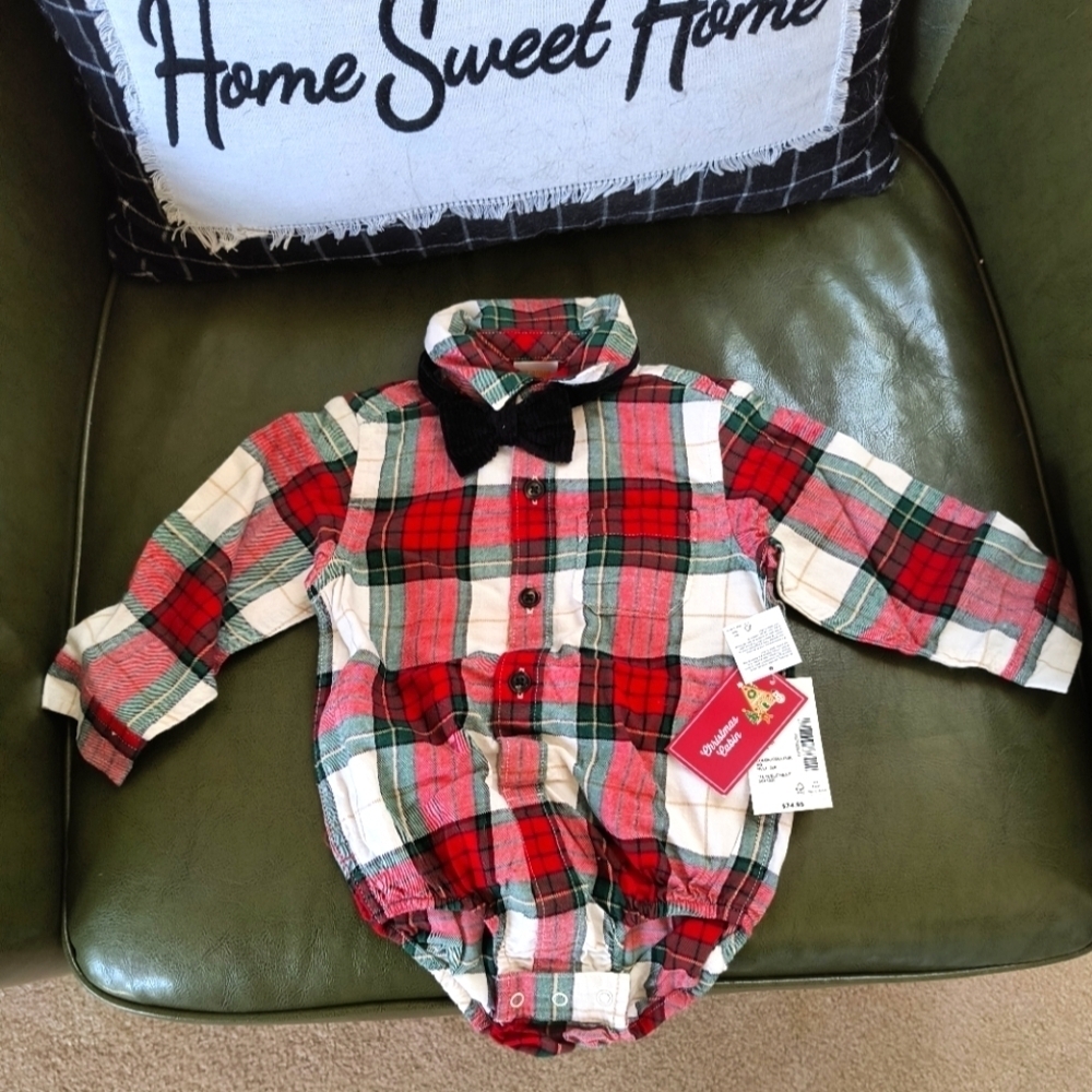 Red white green black plaid dressy collared long sleeve Christmas baby onesie